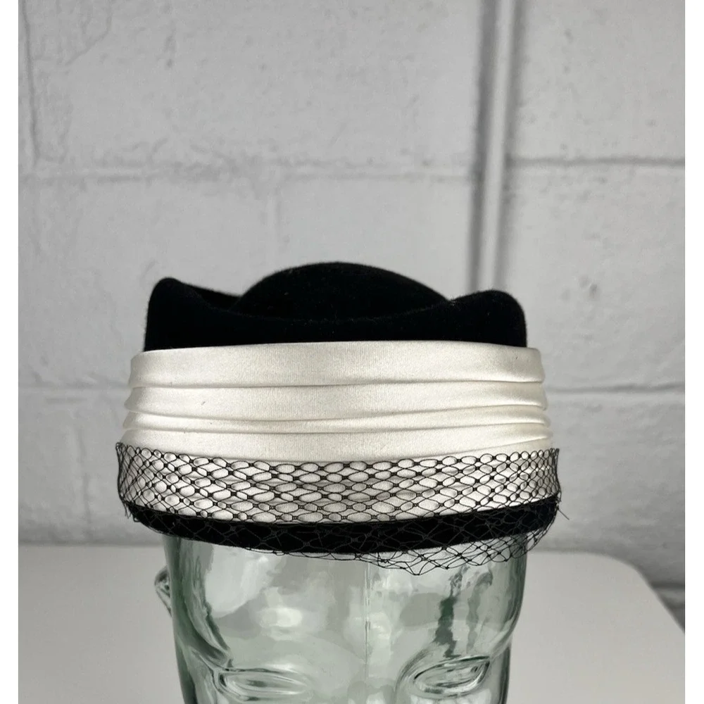 Vintage Pillbox Hat Satin Ribbon Black Ivory Rhinestone Accent Netting Wanamaker